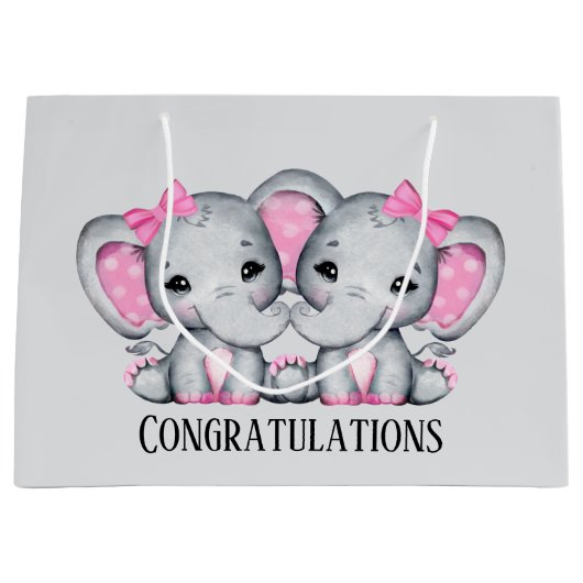 かわいい双子のベビーガールエレファントアッド文字 ラージペーパーバッグ (正面)