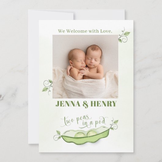 かわいい双子のポッドに入ったエンドウ豆 招待状 (正面)