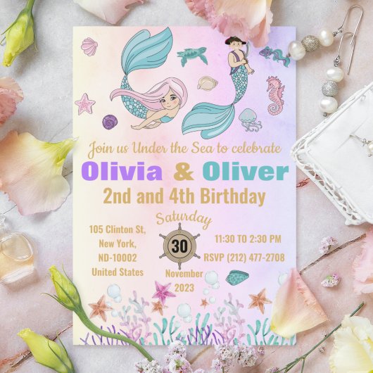 かわいい双子の人魚と海賊の誕生日パーティー 招待状