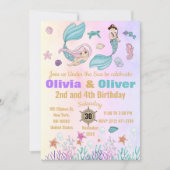 かわいい双子の人魚と海賊の誕生日パーティー 招待状 (正面)