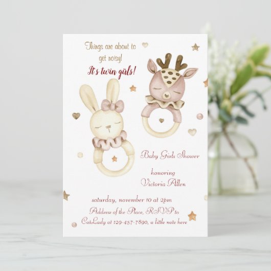 かわいい双子の女の子のベビーシャワー招待状 招待状 (スタンド正面)
