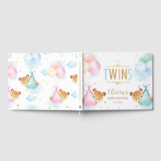 かわいい双子の女の子の男の子テディベアーツインベビーシャワー ゲストブック (全面)