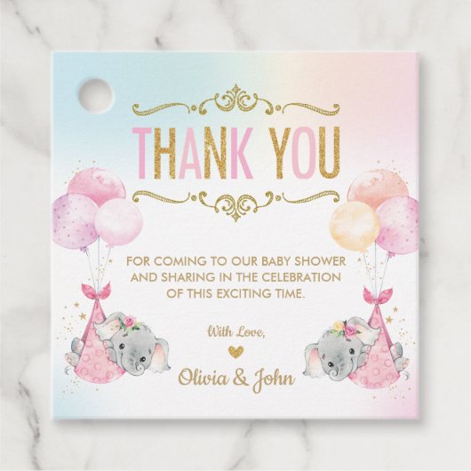 かわいい双子の女の子ゾウの赤ちゃんシャワーありがとう フェイバータグ (正面)