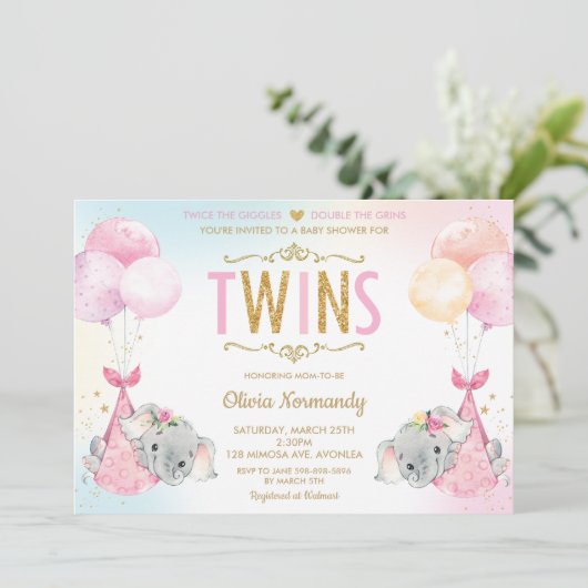 かわいい双子の女の子ゾウの赤ちゃんシャワー散水 招待状 (スタンド正面)