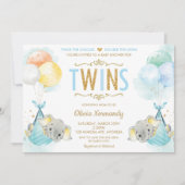 かわいい双子の男の子たちゾウの赤ちゃんシャワー散水 招待状 (正面)