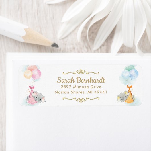 かわいい双子の男の子の女の子の象の赤ちゃんシャワーアドレス ラベル (インサイチュ)