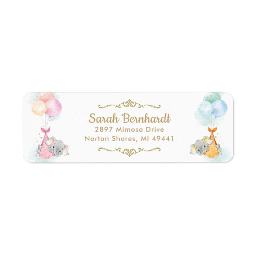 かわいい双子の男の子の女の子の象の赤ちゃんシャワーアドレス ラベル (正面)