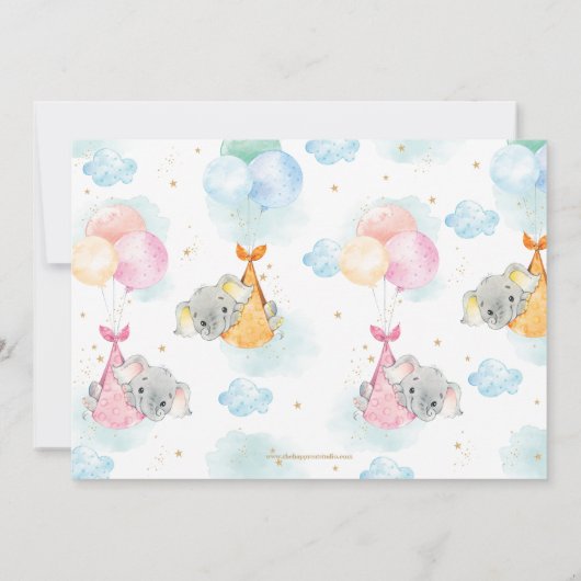 かわいい双子の男の子の女の子ゾウ赤ちゃんシャワー散水 招待状 (裏面)