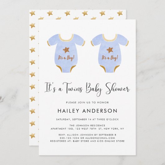 かわいい双子の男の子の水の色ベビーシャワー 招待状 (正面/裏面)