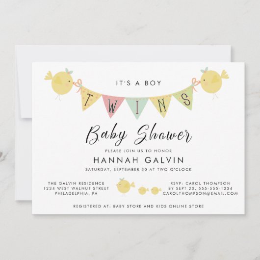かわいい双子の男の子の赤ちゃんシャワー 招待状 (正面)