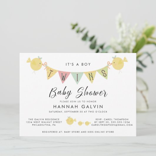 かわいい双子の男の子の赤ちゃんシャワー 招待状 (スタンド正面)