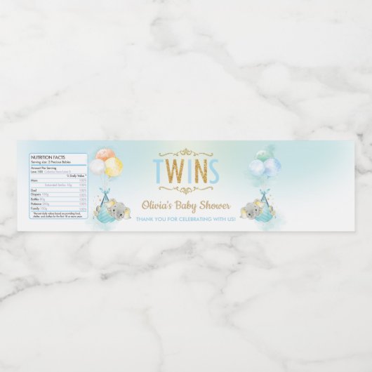 かわいい双子の男の子ゾウの赤ちゃんシャワーのお願い ペットボトルラベル (シングルラベル)