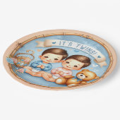 かわいい双子の男の子赤ちゃんシャワー水の色テディベア ペーパープレート (アングル)