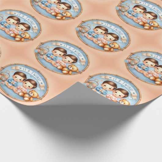 かわいい双子の男の子赤ちゃんシャワー水の色テディベア ラッピングペーパー (角)