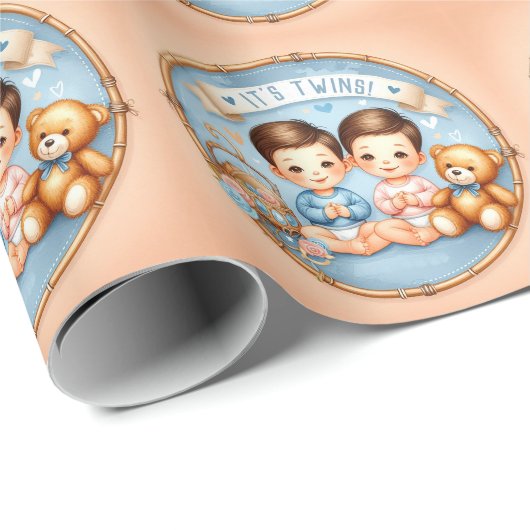 かわいい双子の男の子赤ちゃんシャワー水の色テディベア ラッピングペーパー (ロールコーナー)