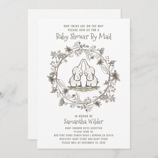 かわいい双子の赤ちゃんシャワーバイメイルゾウ 招待状 (正面/裏面)