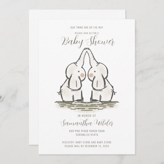 かわいい双子の赤ちゃんシャワーバイメイルゾウ 招待状 (正面/裏面)