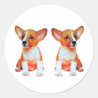 かわいい双子コーギーの子犬クラシックラウンドステッカー ラウンドシール