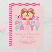 かわいい双子トゥイーンパジャマ誕生日パーティーの招待 招待状 (正面/裏面)