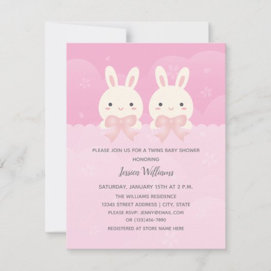 かわいい双子ベビーガールバニーをテーマにした赤ちゃんシャワー 招待状 (正面)