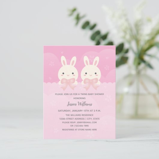 かわいい双子ベビーガールバニーをテーマにした赤ちゃんシャワー 招待状 (スタンド正面)