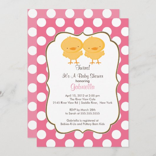 かわいい双子雛ベイビーシャワー招待状ピンクガールズ 招待状 (正面/裏面)