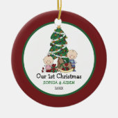 かわいい双子1stクリスマスパーソナライズされた セラミックオーナメント (正面)