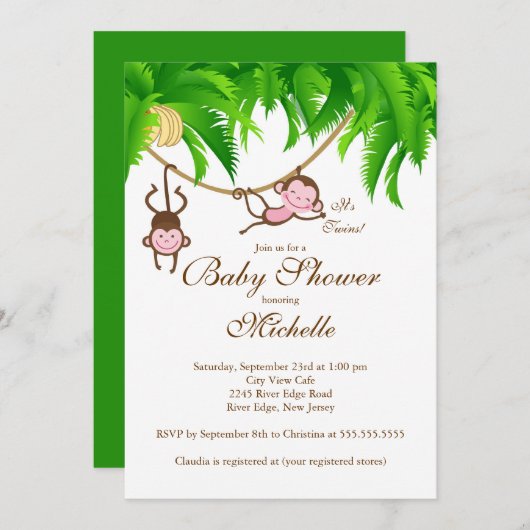 かわいい双生児小さい猿のベビーシャワーの招待状 招待状 (正面/裏面)