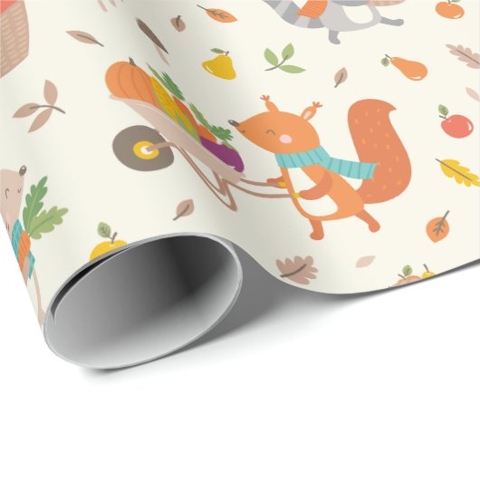 かわいい収穫秋動物と野菜をクリーム ラッピングペーパー (ロールコーナー)