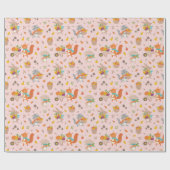 かわいい収穫秋動物と野菜をピンクに ラッピングペーパー (フラット)
