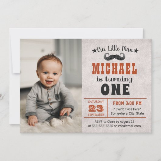 かわいい口ひげ男の子の写真1st誕生日パーティー 招待状 (正面)