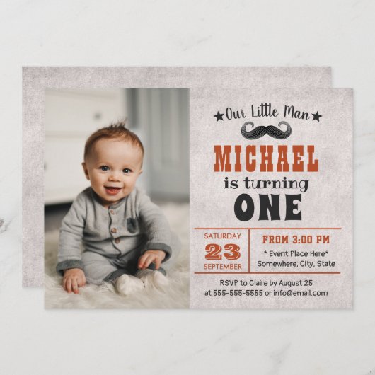 かわいい口ひげ男の子の写真1st誕生日パーティー 招待状 (正面/裏面)
