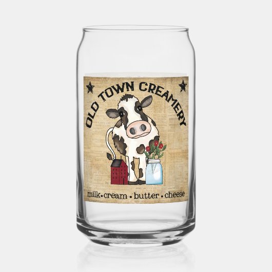 かわいい古い町のクリーミーな牛の農家 ガラス缶 (正面)