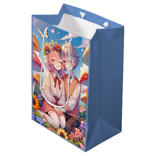 かわいい可愛いアニメお洒落カップル ミディアムペーパーバッグ (正面アングル)