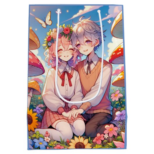 かわいい可愛いアニメお洒落カップル ミディアムペーパーバッグ (裏面)