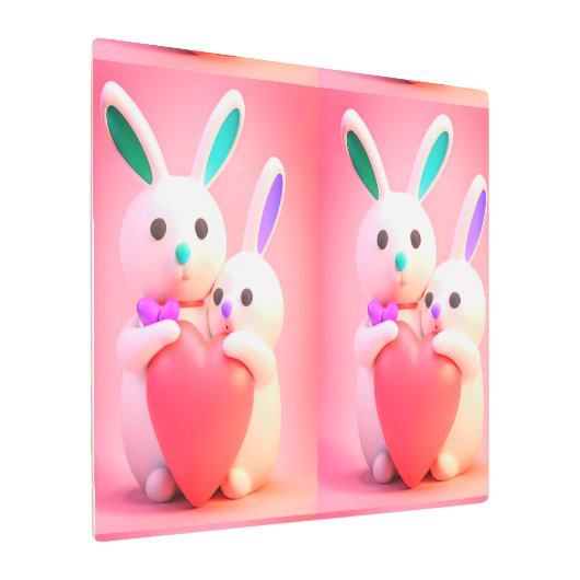 かわいい可愛いバニーとママ保持ハート画像 メタルプリント (アングル)