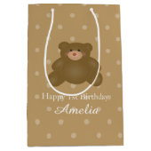 かわいい可愛い可愛い茶色のテディベアーベビーガール誕生日 ミディアムペーパーバッグ (正面)