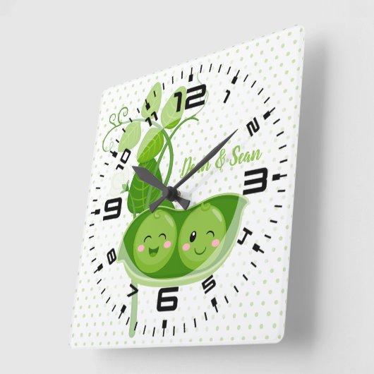 かわいい可愛らしいエンドウ豆 – 背景色を選択 スクエア壁時計 (傾斜)