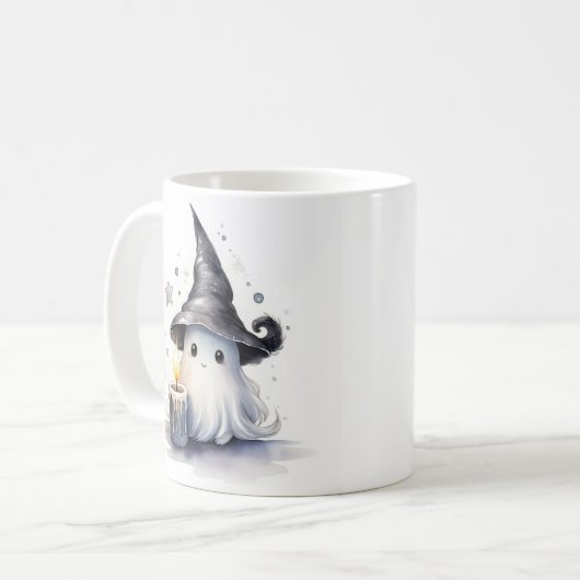 かわいい可愛らしい幽霊は魔女の帽子のマグカップを着た コーヒーマグカップ (正面左)