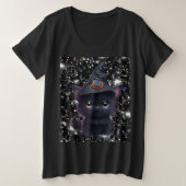 かわいい可笑しいハロウィーン黒猫 プラスサイズTシャツ (デザイン正面)