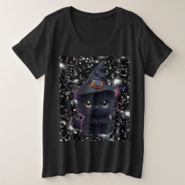かわいい可笑しいハロウィーン黒猫 プラスサイズTシャツ