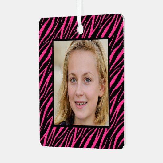 かわいい名前をカスタムするとフォトピンクのゼブラクリスマス メタルオーナメント (正面左)