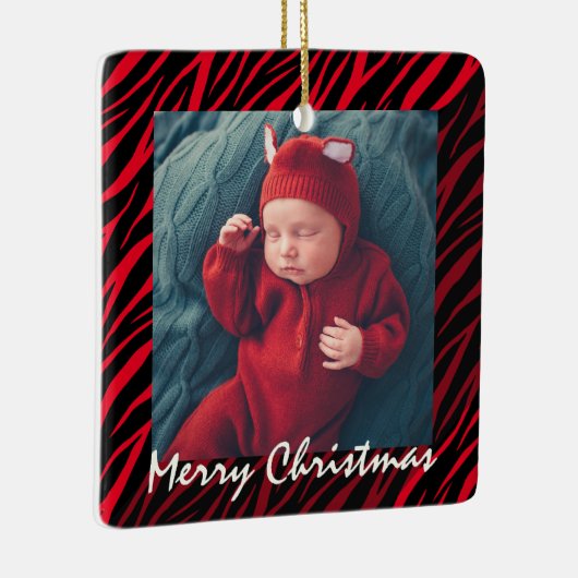かわいい名前をカスタムするとフォトレッドゼブラクリスマス セラミックオーナメント (右)