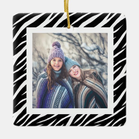 かわいい名前をカスタムするフォト白黒ゼブラクリスマス セラミックオーナメント (正面)