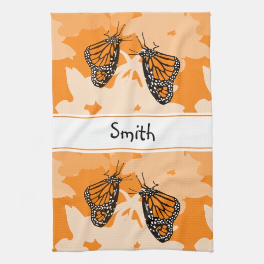 かわいい名前付きオレンジ色のモナーク蝶 キッチンタオル (縦)