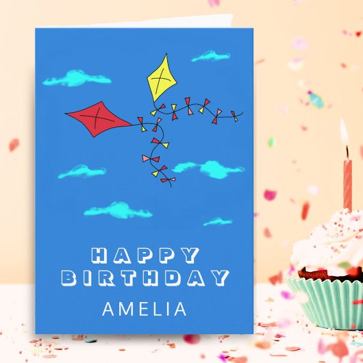 かわいい名前入りの赤と黄色の凧 子供の誕生日 カード