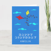 かわいい名前入りの赤と黄色の凧 子供の誕生日 カード (正面)