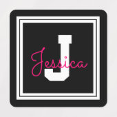 かわいい名前&モノグラム |白黒とピンクの服 ラベル (デザイン2)