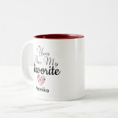 かわいい君は私の手お気に入りのレタリング赤いハート ツートーンマグカップ (正面左)