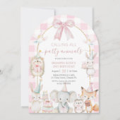 かわいい呼び出し全パーティー動物誕生日ピンクアーチ 招待状 (正面)